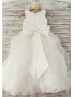 Ivory Satin Organza Bubble Skirt Flower Girl Dress With Feather Flower